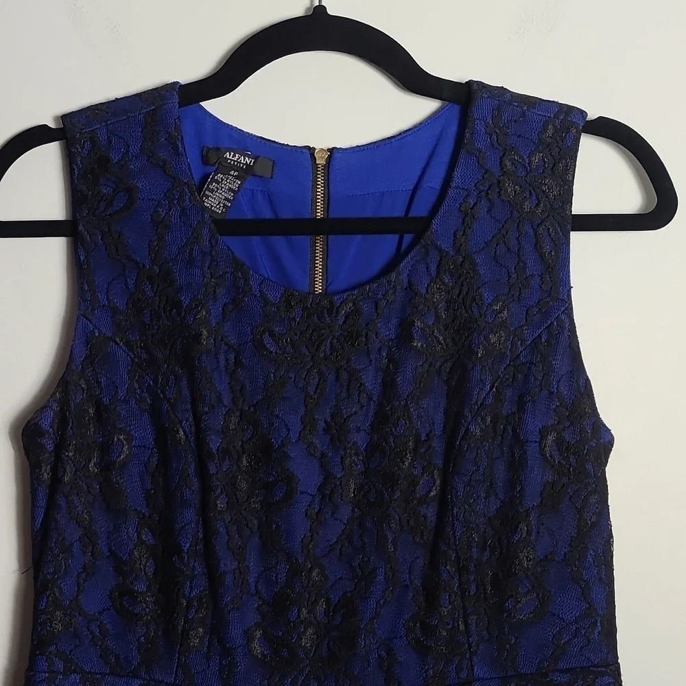 ALFANI Royal Blue With Black Lace Overlay / Black Skirt Sleeveless Dress Size 4P